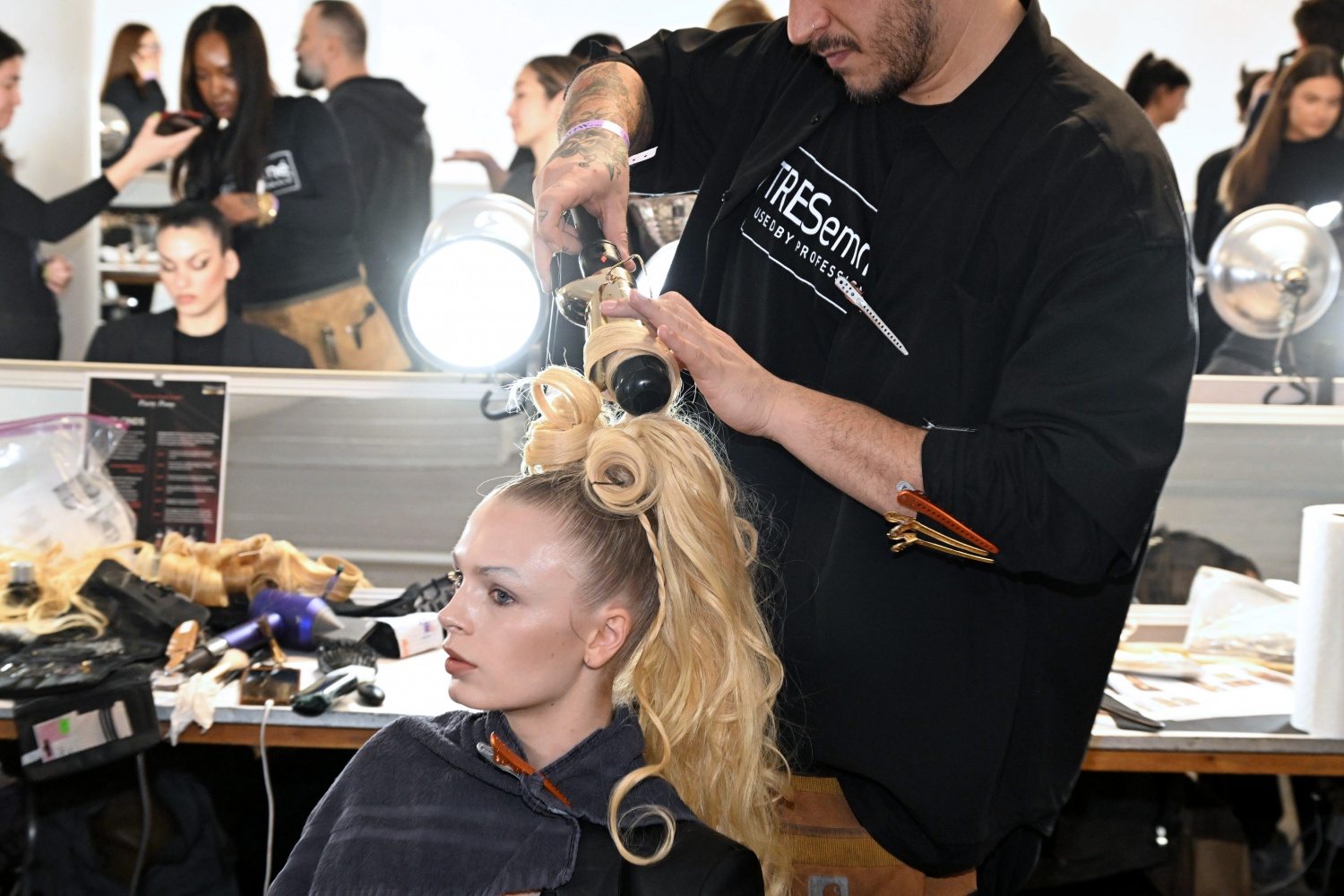 Model getting hair done at NYFW