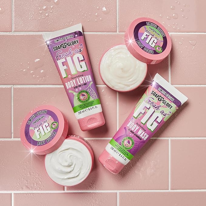 A flat lay of the new Soap and Glory fig launch 
